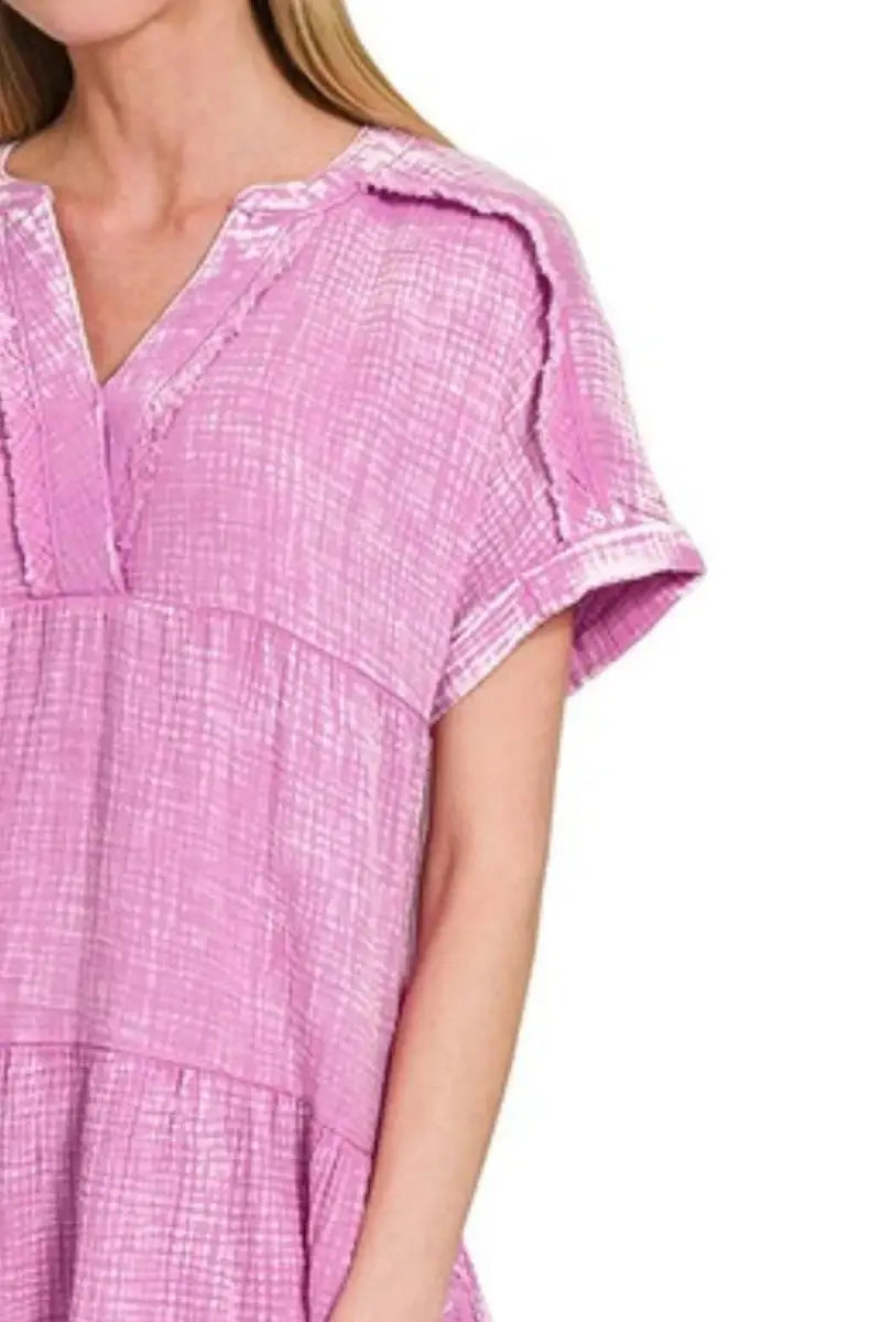 Zenana Washed Double Gauze Raw Edge V-neck Dress for Women - Love Salve